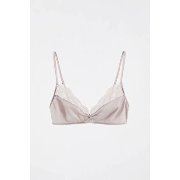 ZARA Light Grey Satin Lace Trim Triangle Bralette Bra, Size L - Picture 13 of 16